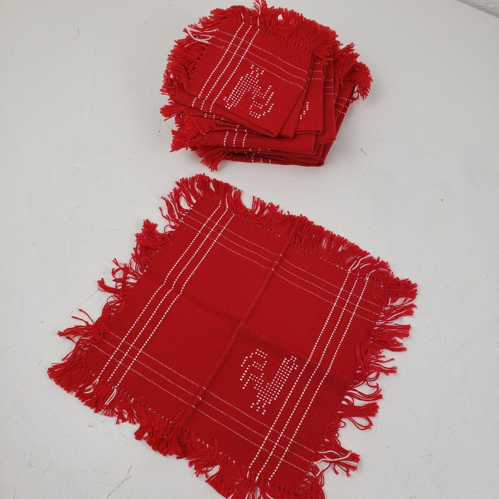 Vintage Red Woven Rooster Cocktail Napkins Fringed Farmhouse Set of 8 Farmhouse